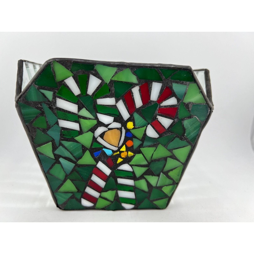 Vintage Stained‎ Leaded Glass Mosaic Candy Canes Candle Holder Craftsmen